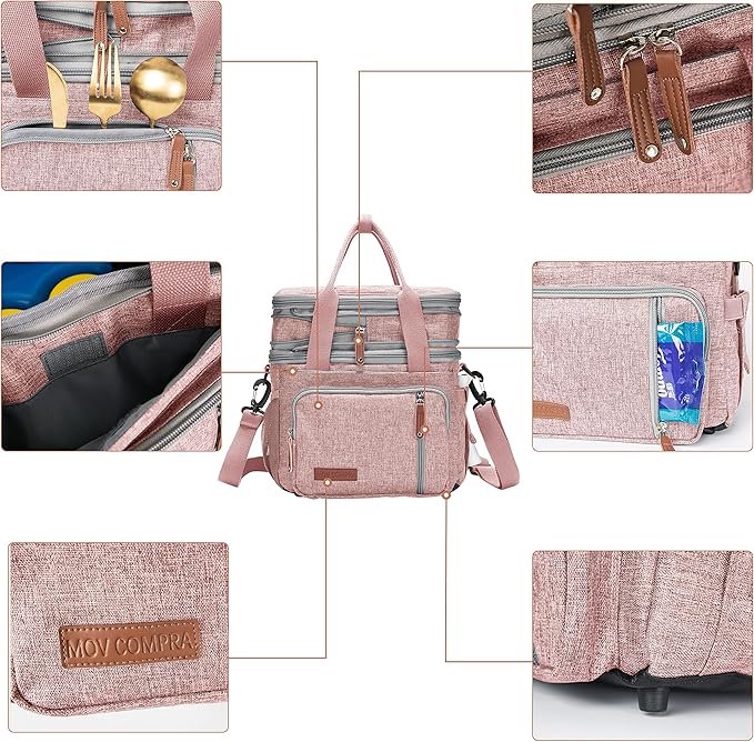 MOV COMPRA Lunch Bag for Women Men, Expandable Large Adult Insulated Lunch Box for Work, Leakproof Double Deck Lunch Box Cooler Tote Bag with Removable Shoulder Strap (PINK)