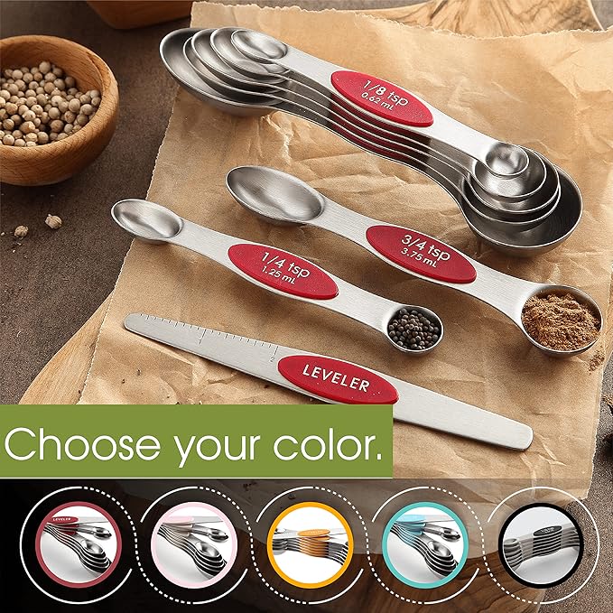 Spring Chef Red Stainless Steel Magnetic Measuring Spoons Set of 8 with Leveler, Metal Teaspoon & Tablespoon Measuring Spoons with Strong Magnets, Kitchen Gadgets for Baking & Cooking - Set of 2