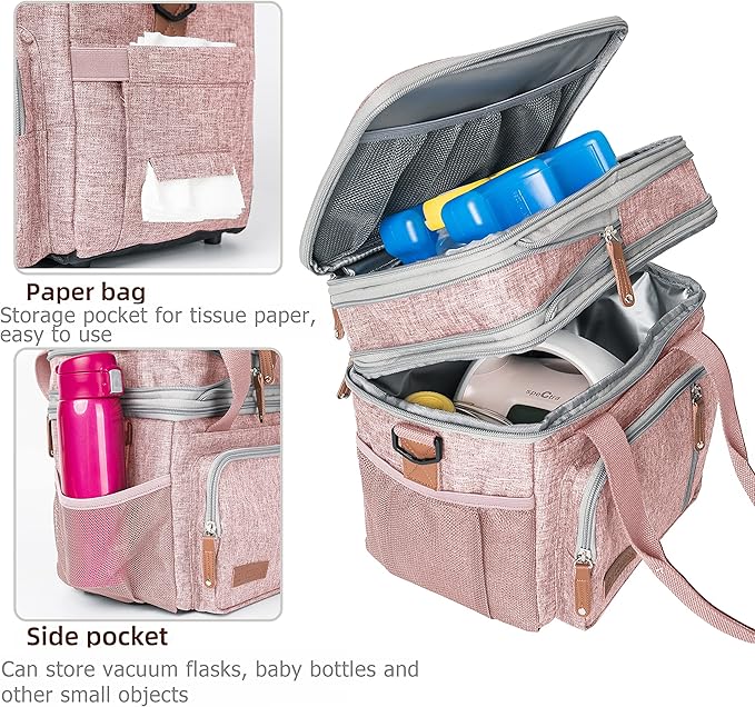 MOV COMPRA Lunch Bag for Women Men, Expandable Large Adult Insulated Lunch Box for Work, Leakproof Double Deck Lunch Box Cooler Tote Bag with Removable Shoulder Strap (PINK)