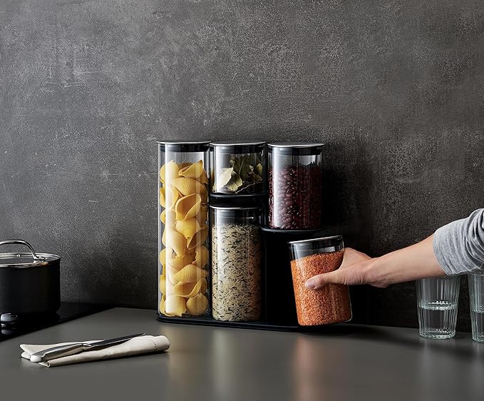 Joseph Joseph Podium 100 Dry Food Storage Container Stand, 5-Piece Set, Stainless-Steel/Glass