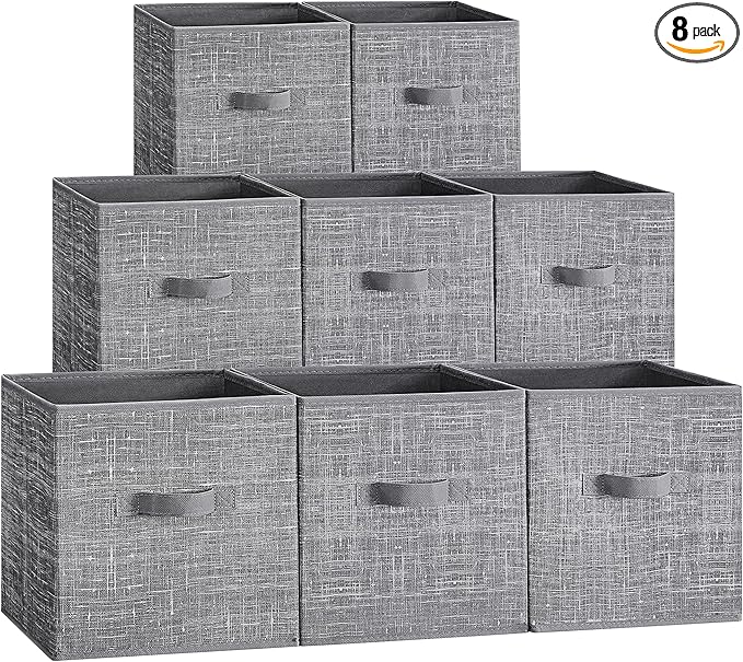 SONGMICS Storage Cubes, 10.2 x 10.2 x 11 Inches Non-Woven Fabric Bins with Double Handles, Set of 8, Closet Organizers for Shelves, Foldable, for Clothes, Cattail Gray UROB826G01
