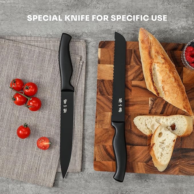 ZHANG XIAO QUAN SINCE 1628 15Pcs Knife Sets with Block, knife sets for kitchen with block High Carbon Stainless Steel Built-in Sharpener(Black)