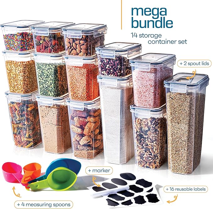 14 PCS Airtight Food Storage Containers with Lids set, BPA Free Leak-proof Kitchen and Pantry Organization Canisters for Cereal, Pasta, Dry Food, Flour Sugar, Stackable, Free Label, Marker, Scoop
