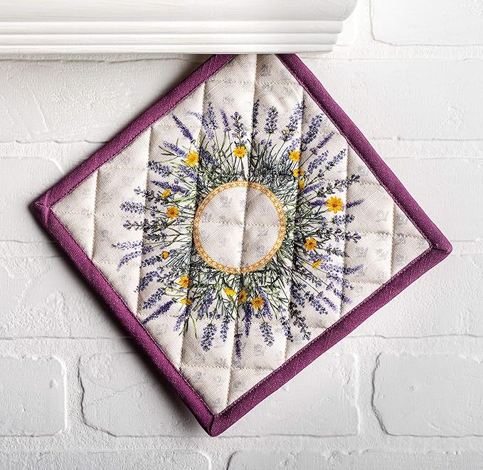 Maison d' Hermine Pot Holders Set 100% Cotton Heat Resistant Potholders 8" x 8" Hot Pads with Loop BBQ, Cooking, Baking, Grilling, Kitchen, Handling Hot Pans Spring/Summer (Pack of 2, Fanny Lavender)