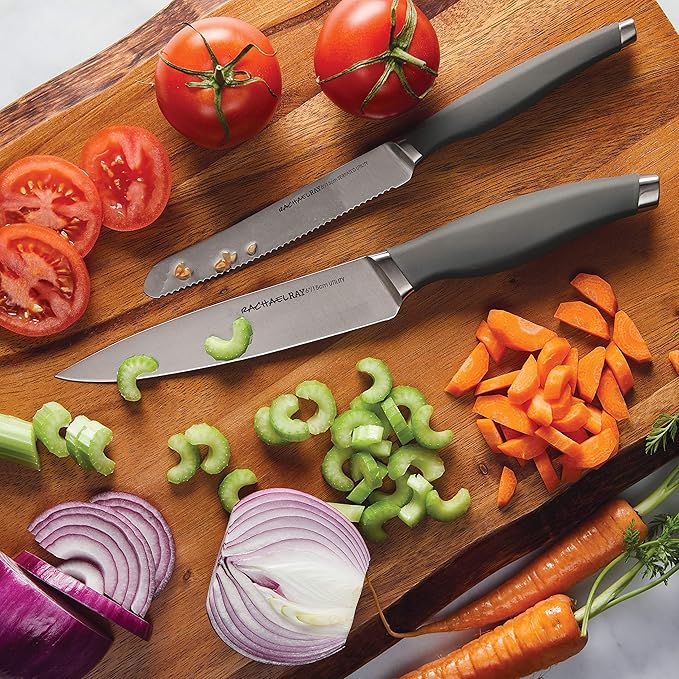 Rachael Ray Cutlery Japanese Stainless Steel Knives Set with Sheaths, 6-Inch Utility Knife and 5-Inch Serrated Utility Knife, Gray