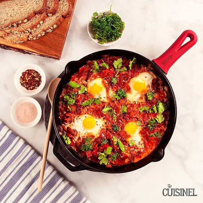 Cuisinel Cast Iron Skillet with Lid - 12"-Inch Frying Pan + Glass Lid + Heat-Resistant Handle Cover - Pre-Seasoned Oven Safe Cookware - Indoor/Outdoor Use - Grill, BBQ, Fire, Stovetop, Induction Safe