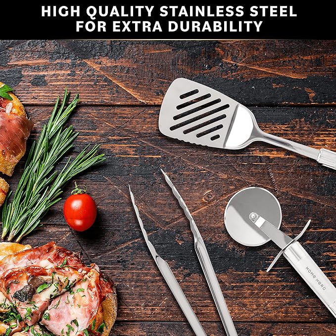 Home Hero 54-Piece Stainless Steel Kitchen Utensils Set - Heat-Resistant Nonstick Silicone & Stainless Steel Cooking Utensils - Complete Tools with Slotted Spoon & Pasta Spoon - Pack of 54, Silver