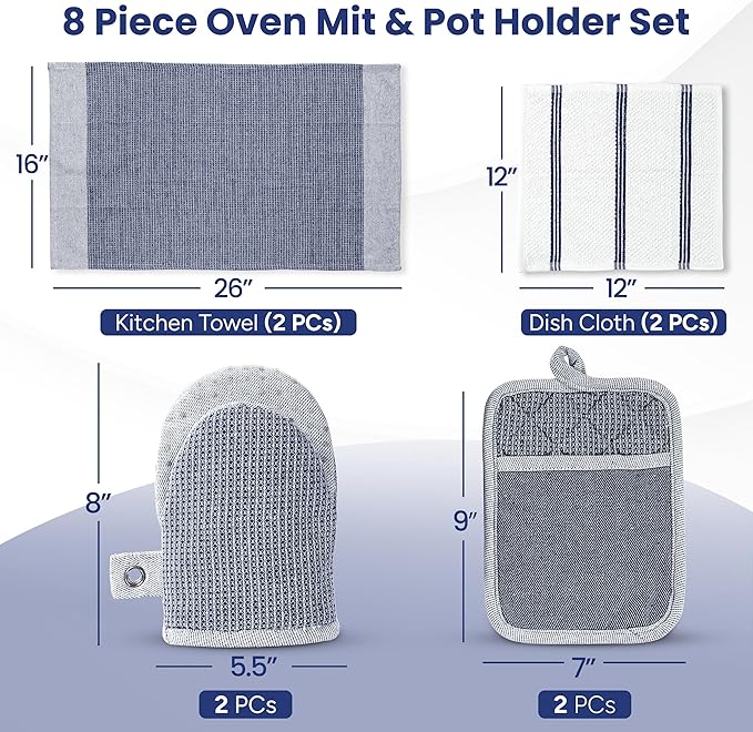Casa Platino Mini Oven Mitts Set, 8-Piece – 500°F Heat Resistant Silicone Oven Mitts, Potholders for Kitchens, 2 Kitchen Towels & 2 Dish Cloths – Non-Slip & Durable – Indigo
