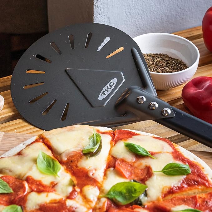 TKC 12", 8" Perforated Pizza Peels - Professional Aluminum Pizza Turning peel - Long Handle Metal Pizza Spatula for Indoor and Outdoor - Lightweight Non-Stick Pizza Turner - Pizza Oven Accessories