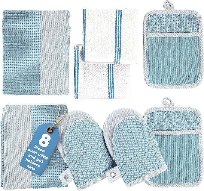 Casa Platino Silicone Oven Mitts Set, 8-Piece – 500°F Heat Resistant Mini Oven Mitt Set, Potholders for Kitchens, 2 Kitchen Towels & 2 Dish Cloths – Durable, Non-Slip & Machine Washable – Cornflower