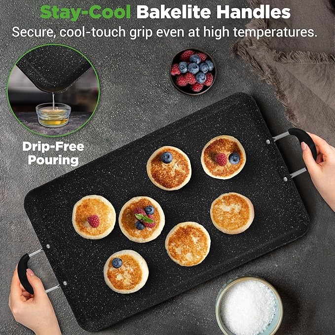 NutriChef Double Burner Griddle, Non-Stick Stove Top Griddle for Gas Stove, Dishwasher Safe, Heatproof Bakelite Handles, Even Heat Distribution, PFOA & PFOS Free, 20” x 12” x 0.8” Inch (Black)