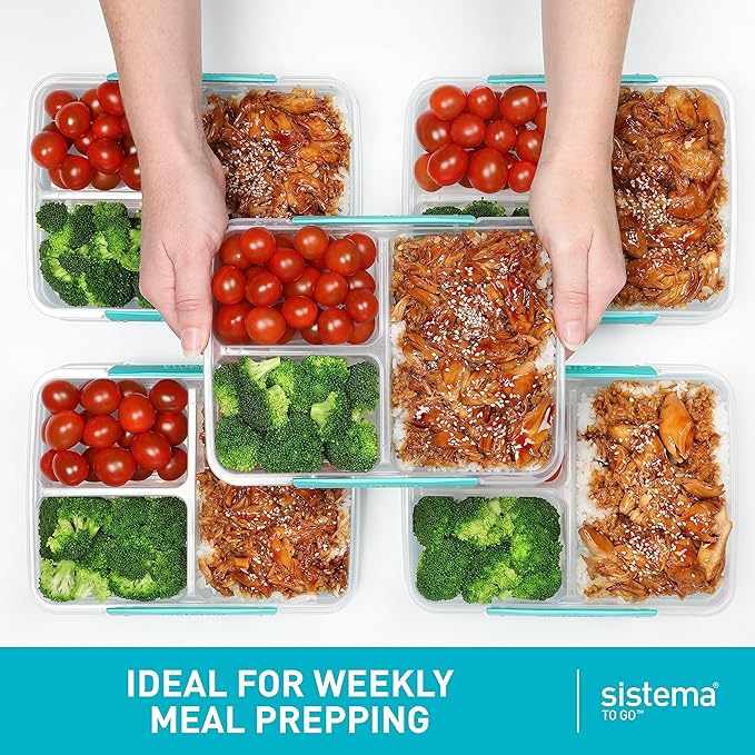 Sistema 5-Piece Food Storage Containers with 3 Compartments and Lids for Meal Prep, Dishwasher Safe, 11.8oz, Clear/Green