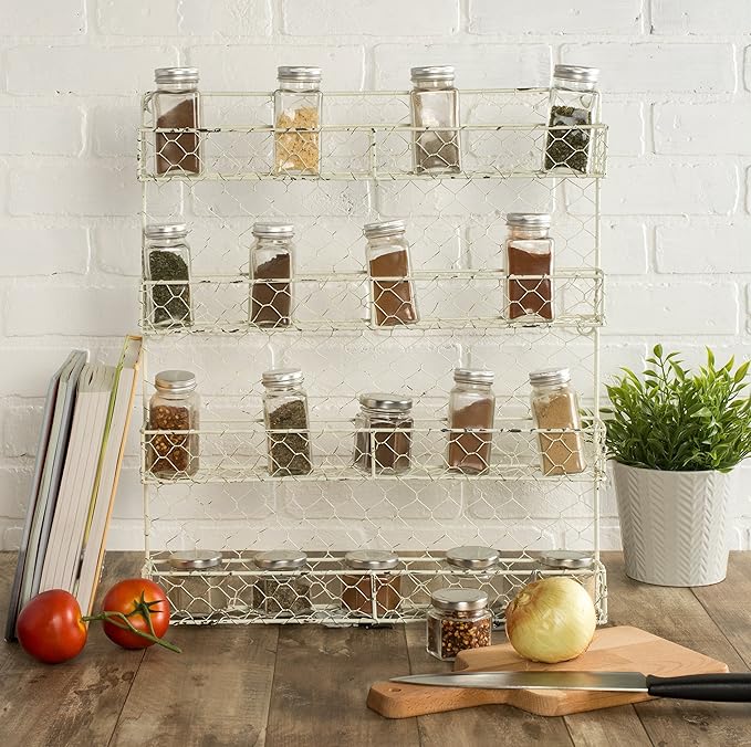 DII Farmhouse Vintage Decorative Metal Pantry Spice Rack Organizer, 17Lx2.3Wx20H", 4 Tier Spice Rack - White