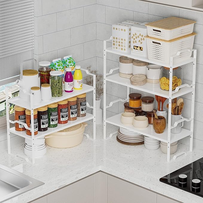 Expandable Shelf for Cabinet Organizer Adjustable Stackable Spice Rack at Kitchen and Bathroom More, Counter Countertop Cupboard Organization Pantry Storage(LARGE/1PACK/WHITE)