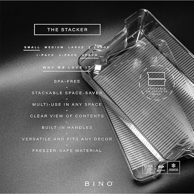 BINO | Stackable Storage Bins, Small - 4 Pack | The Stacker Collection | Clear Plastic Storage Bins | Organization and Storage Containers for Pantry & Fridge | Multi-Use Organizer Bins | BPA-Free
