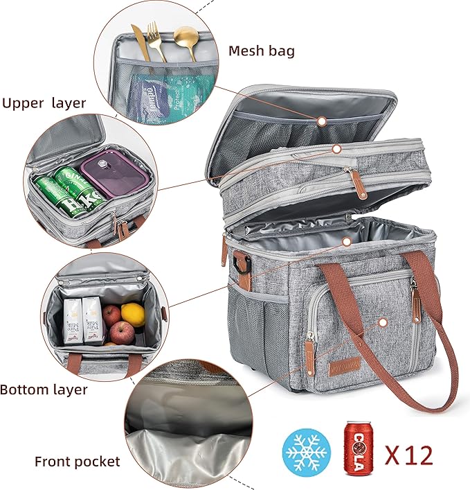 MOV COMPRA Adult Lunch Box for Work, Expandable Large Lunch Bags for Women Men, Leakproof Double Deck Lunch Box Cooler Tote Bag with Removable Shoulder Strap (Grey)