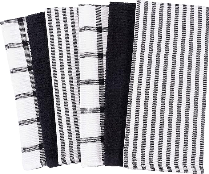 KAF Home Premium Kitchen Towels (18" x 28"), Large 100% Cotton, Flat & Terry Absorbent Dish Towel Set (Black, 18 x 28-6 Pack)
