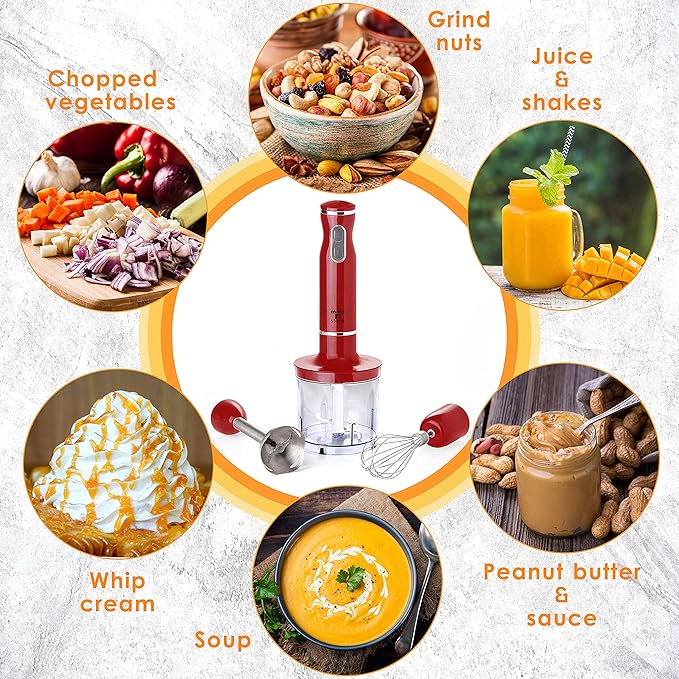 Moss & Stone Hand Blender Electric With Egg Whisk & Chopper, Powerful 300 Watt Immersion Hand Blender Set, Mixer Set Stainless Steel Shaft & Blades, Red Handheld Mixer With Ergonomic Grip