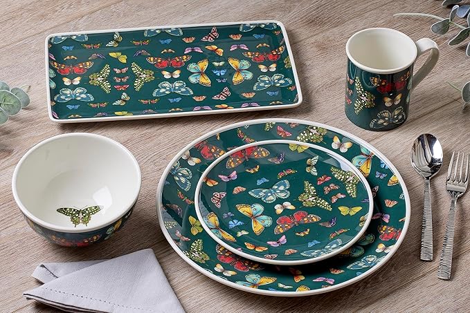 Spode Botanic Garden Harmony 14 oz Tankard Mug, Assorted Butterflies - Embossed Earthenware Coffee Cup, Dishwasher & Microwave Safe - Botanical Tea Cup for Spring Tableware (Green)