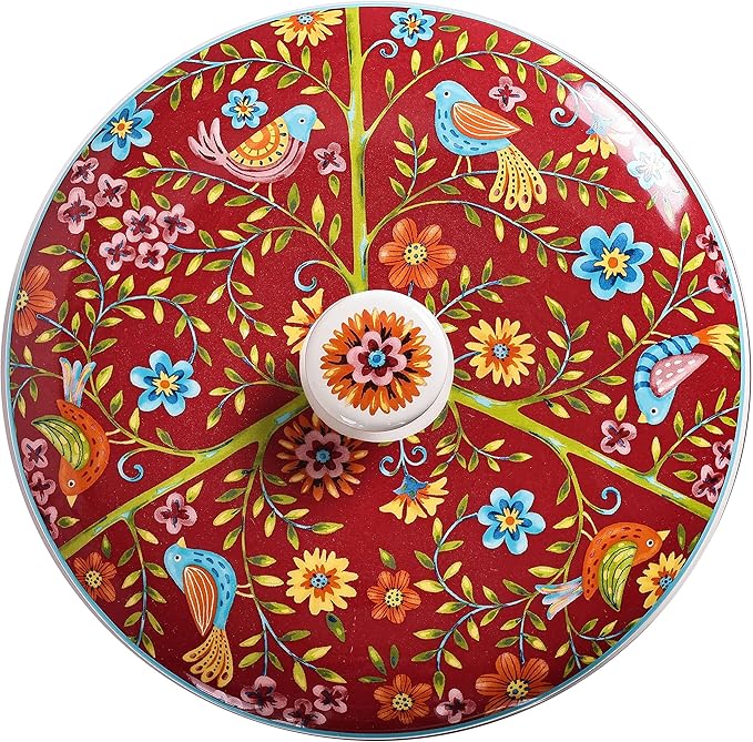 Bico Red Spring Bird Ceramic Tortilla Warmer, 8.9 Inch Tortilla Holder with Lid for Taco Bread Pancake for Mexican Night and Party, Microwave and Dishwasher Safe
