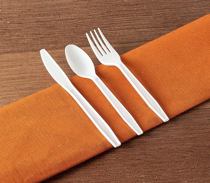 Party Bargains White Plastic Cutlery 720 pcs: 360 Forks, 240 Spoons, 120 Knives. Argyle Design, Heavy Duty & Solid Disposable Silverware Utensils Combo Pack Set for Weddings, Buffets, Luncheons