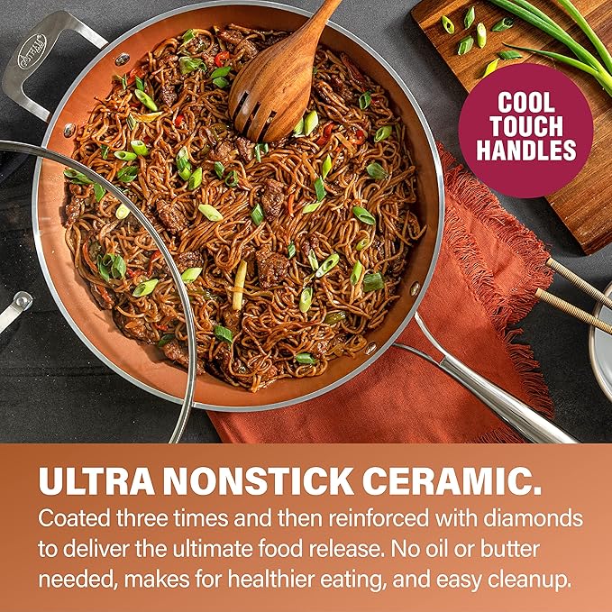 Gotham Steel Hammered Copper 14 Inch Non Stick Frying Pan with Lid, Nonstick Frying Pan with Ceramic Coating and Induction Plate for Even Heating, Oven / Dishwasher Safe, 100% Healthy & Non Toxic