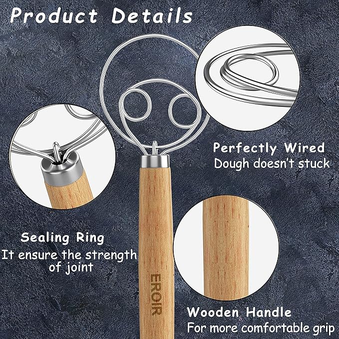 EROIR Danish Dough Whisk and Bread Lame Set - 13 Inch Dutch Bread Whisk - Bread Lame Dough Scoring Tool with 10 Razor Sharp Blades and Leather Cover