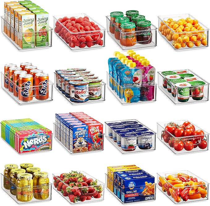 Munfix Set Of 16 Refrigerator Organizer Bins - Plastic Pantry Organization and Storage Baskets - Stackable Food Fridge Organizers with Cutout Handles for Freezer, Kitchen, Countertops, Cabinets
