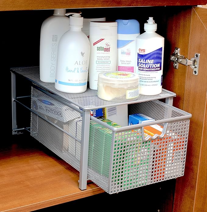 Deco Brothers Stackable Pull Out Cabinet Sliding Basket with Dividers, Large, Silver