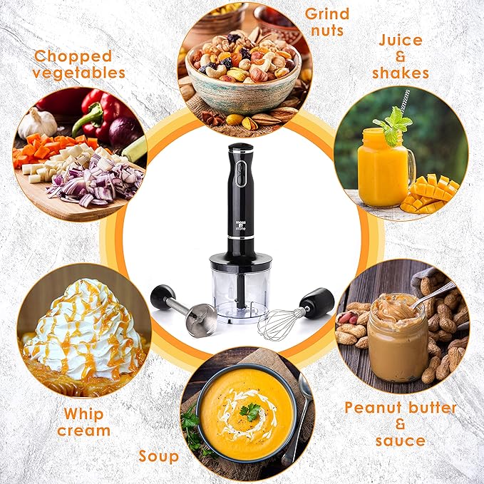 Moss & Stone Hand Blender Electric With Egg Whisk & Chopper, Powerful 300 Watt Immersion Hand Blender Set, Mixer Set Stainless Steel Shaft & Blades, Black Handheld Mixer With Ergonomic Grip
